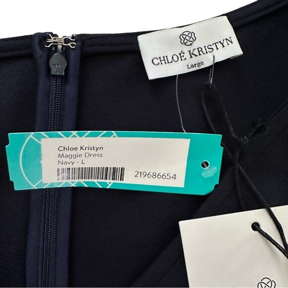 Chloe Kristyn Maggie Navy Ponte Knit V-Neck Long Sleeve Sheath Dress Large NEW - Picture 3 of 12